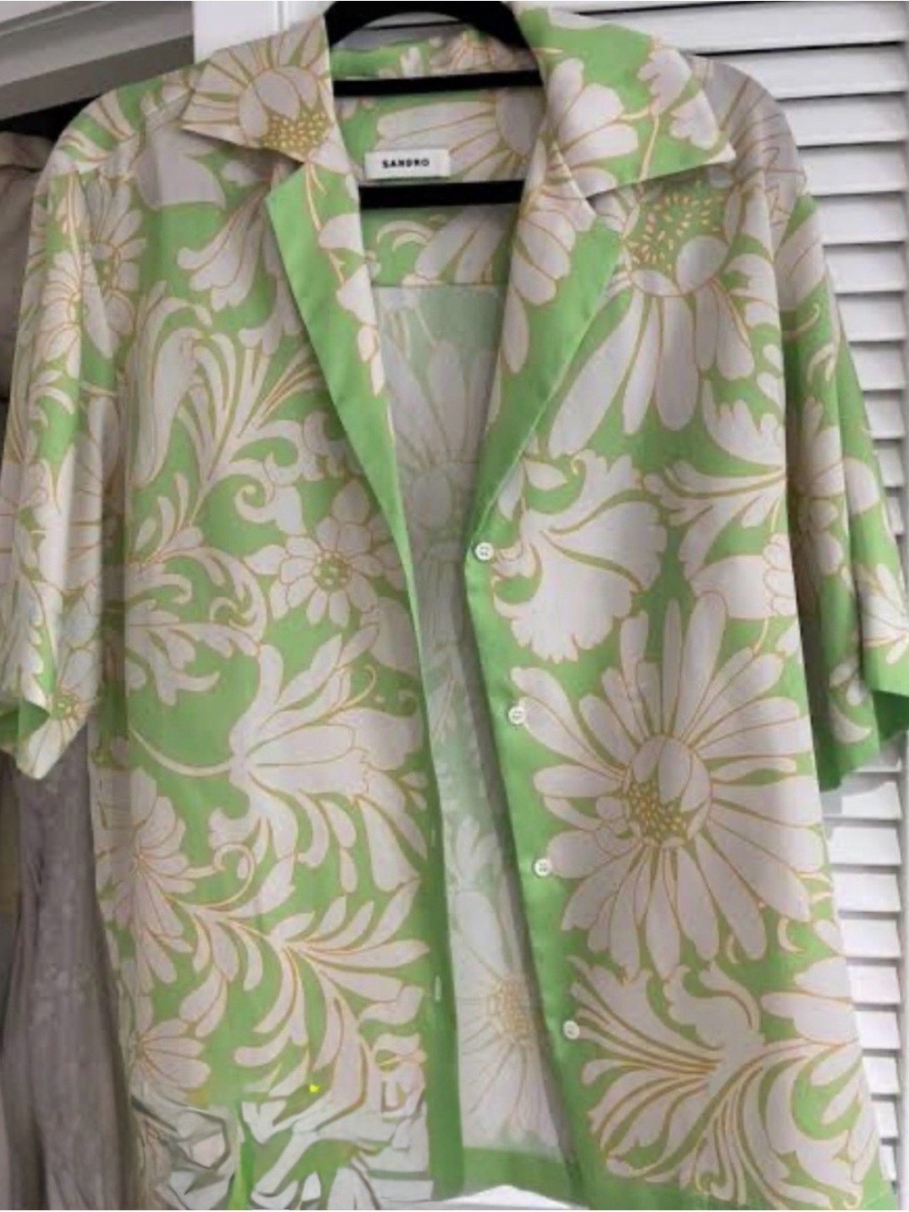 Sandro Limonade Floral Satin Silky Shirt Chartreuse Green White Tropical 1 S/M